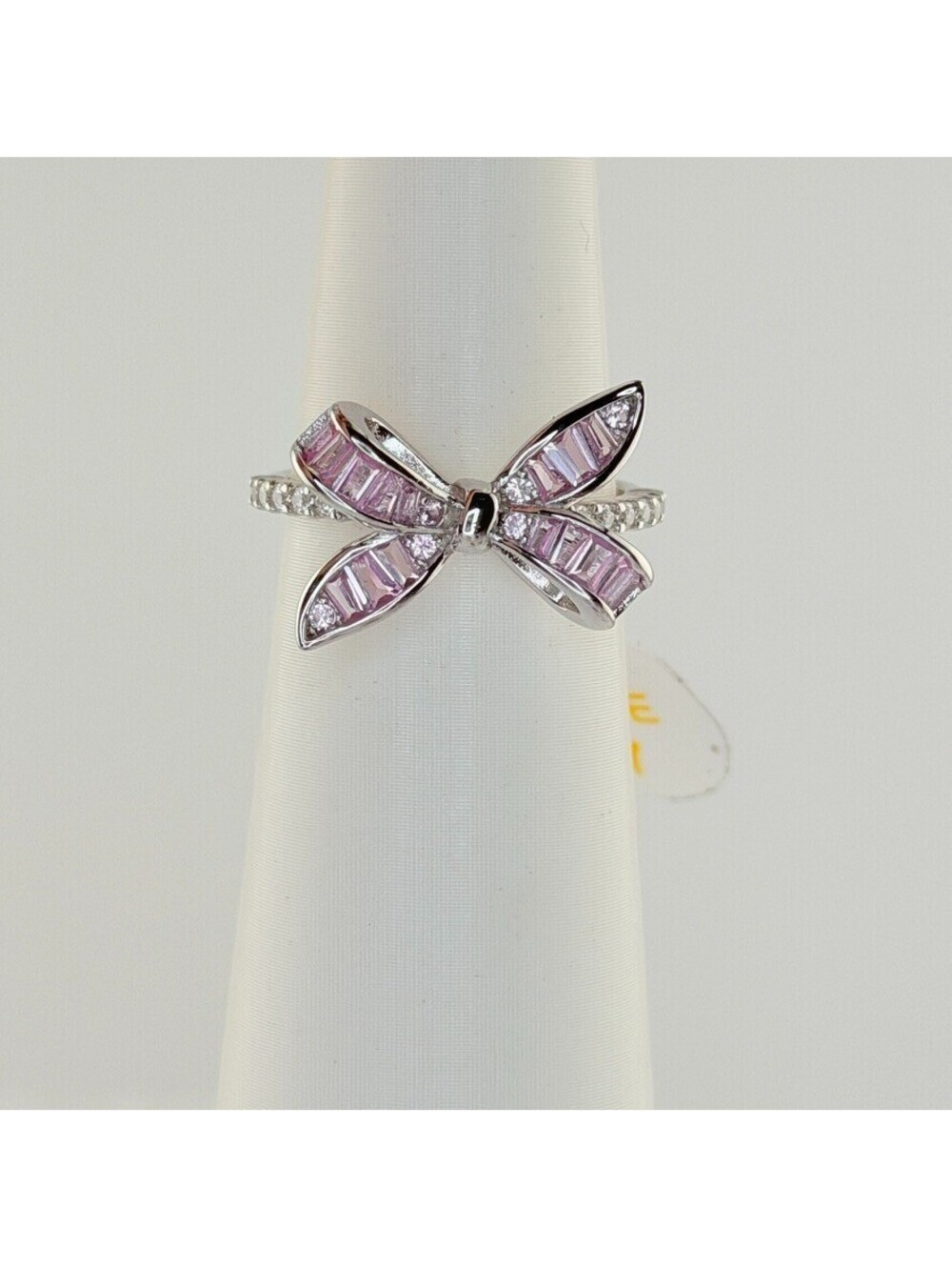 Bomb Party Sterling Club Sz 7 "She Loves A Bow” Pink Sapphire on .925 W/ Rhodium - Picture 6 of 6